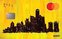 A painting of the Detroit skyline by Tony Roko is imposed on our Mastercard debit cards