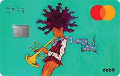 A painting of a trumpet player by Tony Roko is imposed on our Mastercard debit cards