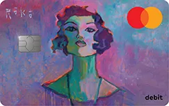 A painting of a woman by Tony Roko is imposed on our Mastercard debit cards